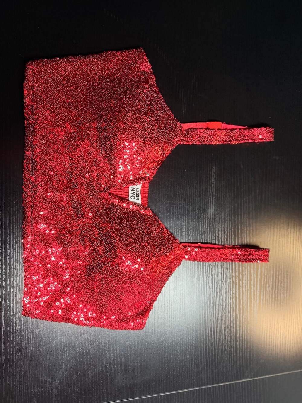 Madden NYC Red Sequin V-Neck Crop Top with Smocked Back
